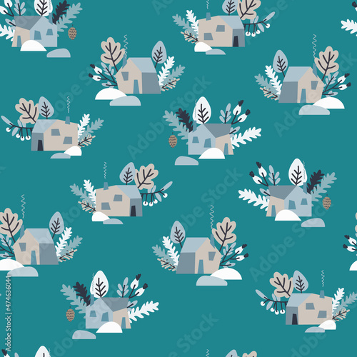 Seamless pattern with snowy houses, fir tree branches, frozen leaves, berries photo