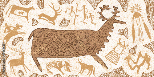 Fantasy on an ethnic theme. Petroglyphs, rock paintings of Central Asia and Siberia, vector design.