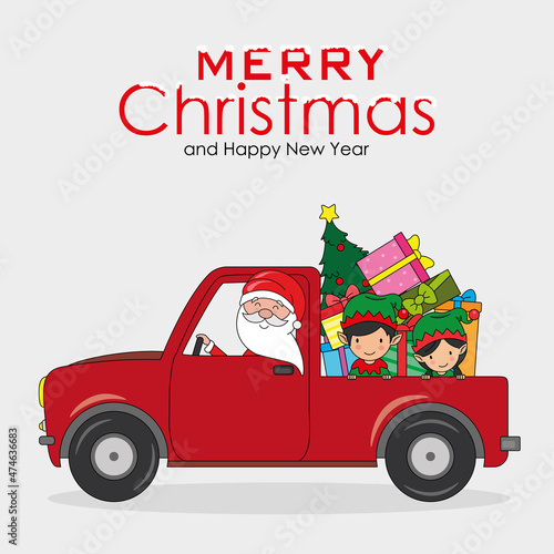 Christmas card. Santa Claus and two elves carrying gifts by car