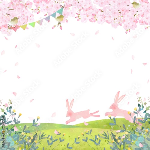 桜の木の下ではしゃぐうさぎの親子と小鳥のいる北欧風おしゃれな白バックのベクターフレーム