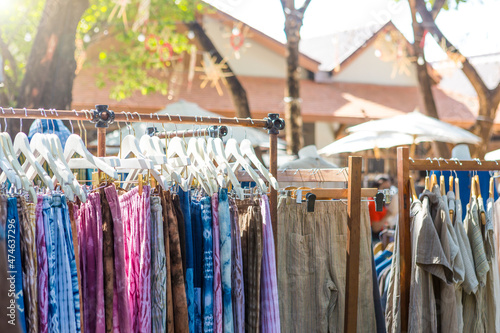 Colorful trouser at outdoor market in Thailand, tropical style fashion, cloth shopping