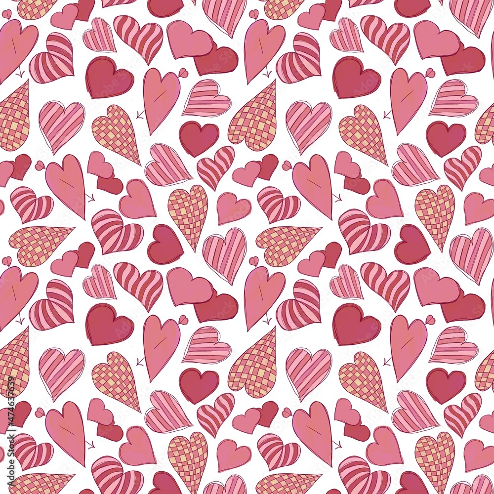 Seamless decorative pattern of pink hearts with various ornaments on a white background for Valentine's Day Seamless decorative pattern of pink hearts with various ornaments on a white background for Valentine's Day