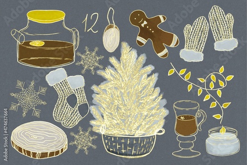 Set of decorative golden illustrations, tea, Christmas tree, candle, mittens and socks, winter comfort