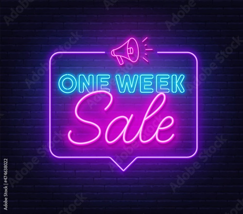 One Week Sale neon sign on brick wall background