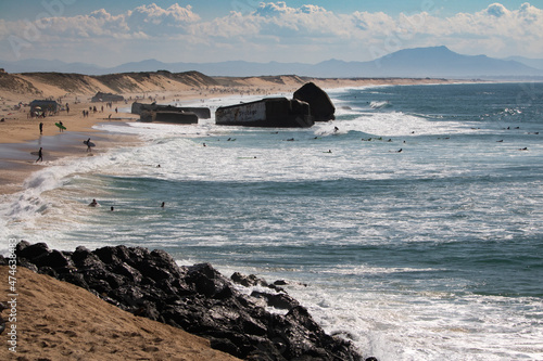 Waves crashing blockhouse in Capbreton, France