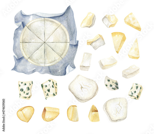 Camembert on wrapping paper and pieces of gorgonzola, goat cheese, brie cheese, parmesan are isolated on white background. Watercolor food clipart set. Hand drawn illustration.
