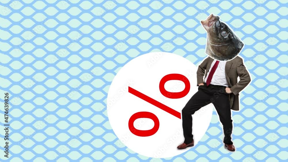 custom made wallpaper toronto digitalFashion design. Funny businessman with fish head dancing at black friday shopping symbol. Looped animation. 4k. Stop motion, 2D animation. Modern, conceptual, contemporary art collage. Sale concept