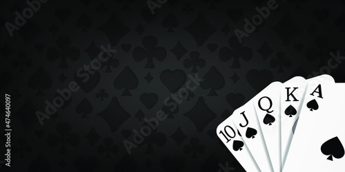 Poker and casino playing card Background with royal flush on black. Blank poster template. Vector illustration.