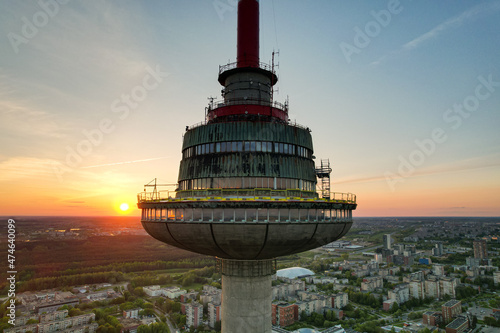 Aerial sunny evening sunset view of Vilnius TV Tower