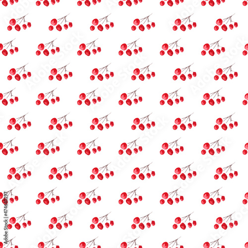 Winter seamless pattern with red berries on white