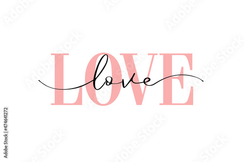 Love word elegant lettering script. Modern calligraphy LOVE text. Vector illustration. Design for print on t-shirt, poster, banner. Pink color text on white background. Lovely print for tee