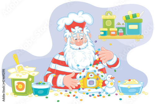 Santa Claus confectioner in a chef hat standing at his kitchen work table and decorating a fancy Christmas gingerbread in a form of a sweet toy house, vector cartoon illustration isolated on white