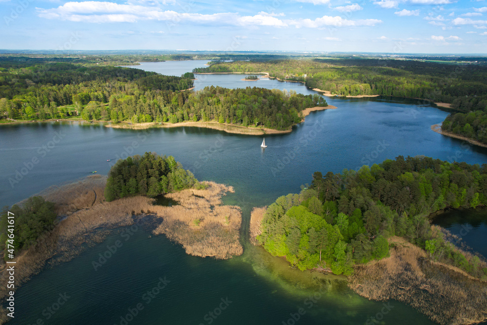 Aerial spring sunny view of Galve lake, Trakai