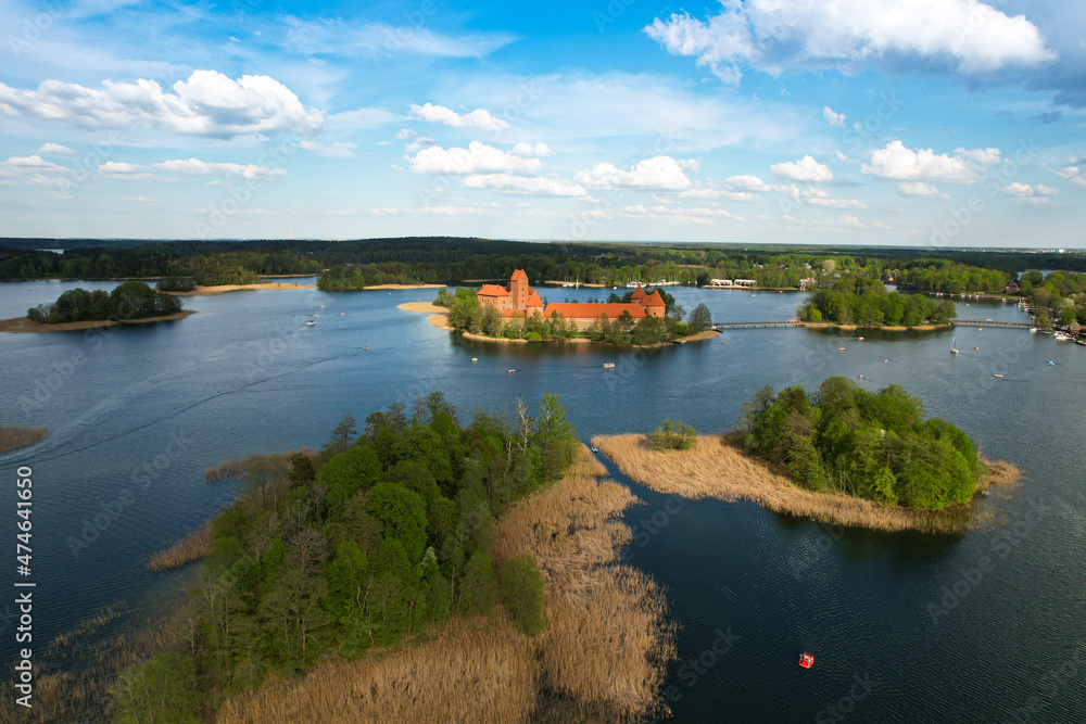 Aerial spring sunny view of Trakai Island Castle