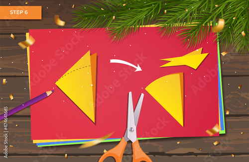 New Year's master class made of paper. Origami with ball garland and Christmas tree for home decoration. Crafts with children's hands. DIY concept. Vector step-by-step instructions. Step 6