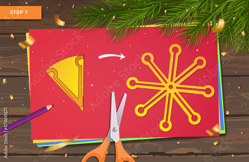 New Year's master class made of paper. Origami with ball garland and Christmas tree for home decoration. Crafts with children's hands. DIY concept. Vector step-by-step instructions. Step 7