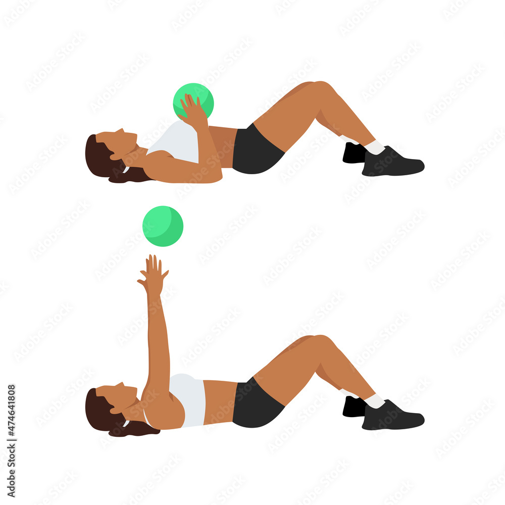 Woman doing Medicine ball floor press. Laying chest passes exercise