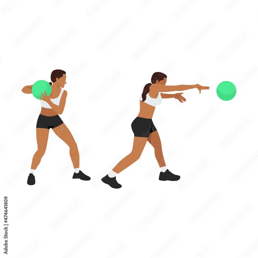 Woman doing Medicine ball punch exercise, Flat vector illustration isolated on white background. Chest exercise Woman doing Medicine ball punch exercise, Flat vector illustration isolated on white background. Chest exercise