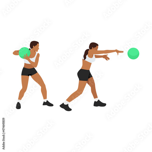 Woman doing Medicine ball punch exercise, Flat vector illustration isolated on white background. Chest exercise