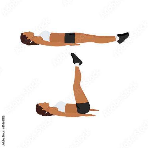 Woman doing Lying leg raises. Lifts exercise. Flat vector illustration isolated on white background