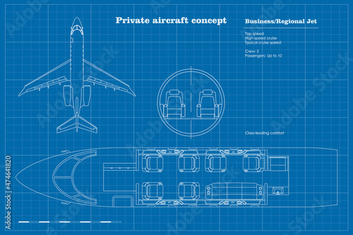 Outline business jet interior concept. Private aircraft map. Top view of regional plane. Plane seats scheme. Drawing of commercial transport. Industrial blueprint