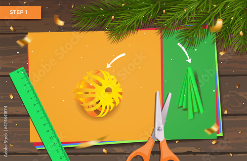 New Year's master class made of paper. Origami with ball garland and Christmas tree for home decoration. Crafts with children's hands. DIY concept. Vector step-by-step instructions. Step 1