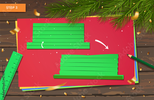 New Year's master class made of paper. Origami with ball garland and Christmas tree for home decoration. Crafts with children's hands. DIY concept. Vector step-by-step instructions. Step 3