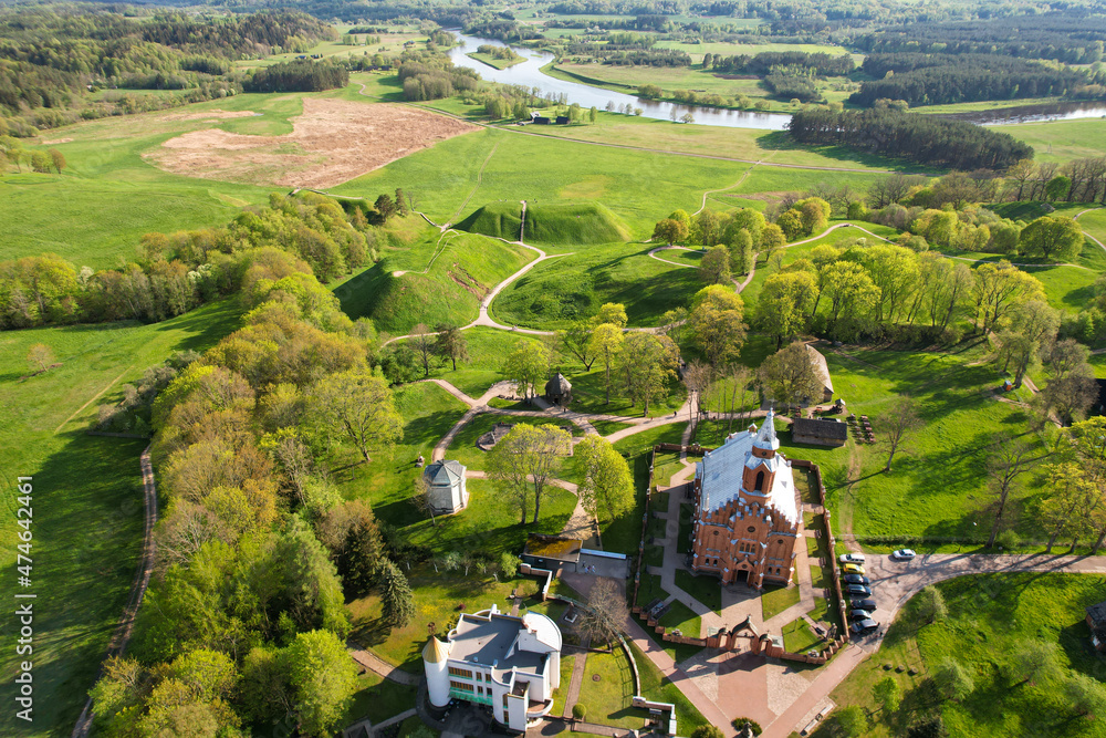 Aerial spring evening view in sunny Kernave Archaeological Site
