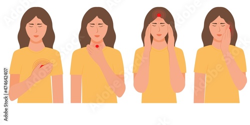 Set of character women with pain in different parts of the body. Heartache, sore throat, headache, migraine,toothache ,Ear ache Vector illustration in flat style