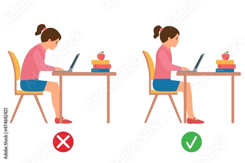 Correct and incorrect posture. Girl sitting at laptop. Ergonomic sit correct  chair computer good and wrong body position.Healthy back. Vector illustration