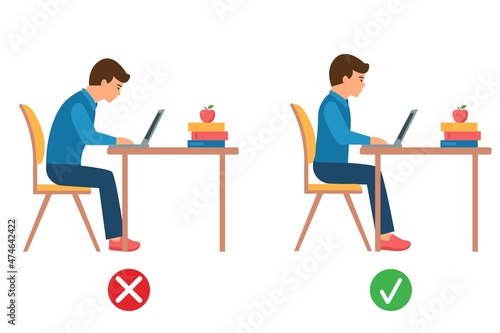 Correct and incorrect posture. Boy sitting at laptop. Ergonomic sit correct  chair computer good and wrong body position.Healthy back. Vector illustration