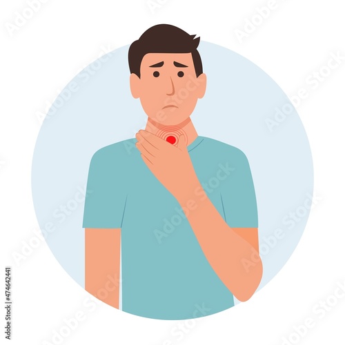 Man  with painful Sore Throat. Pharyngitis and tonsillitis. Respiratory Illness, Virus Prevention.Isolated. Vector illustration in flat cartoon style. Health and medicine.