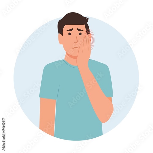 The man having   toothache or earache. Symptoms of a viral disease.Respiratory Illness, Virus Prevention.Isolated. Vector illustration in flat cartoon style. Health and medicine.