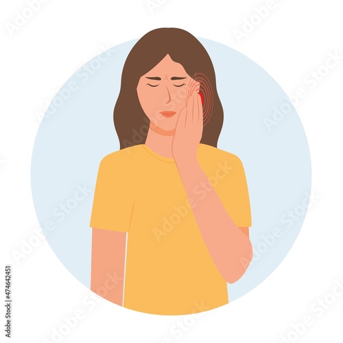 The woman having   toothache or earache. Symptoms of a viral disease.Respiratory Illness, Virus Prevention.Isolated. Vector illustration in flat cartoon style. Health and medicine.