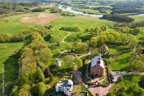 Aerial spring evening view in sunny Kernave Archaeological Site