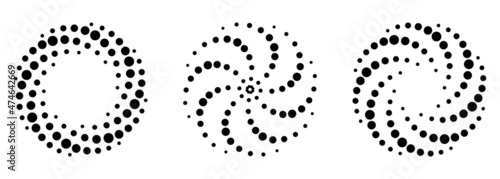 Spiral Halftone Pattern Set. Black Dots in Circle on White Background. Round Swirl Minimalistic Template. Twirl Abstract Modern Design. Vector Illustration