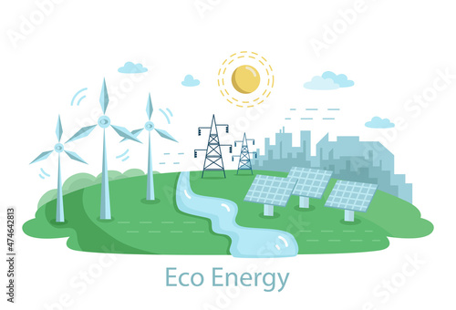 Renewable Power Sources with Windmills. Alternative Clean Energy Concept with Wind Turbines and Solar Panels. flat illustration