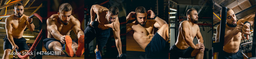 Fotografia Collage of portraits of sportive man training in the gym, doing different exerci