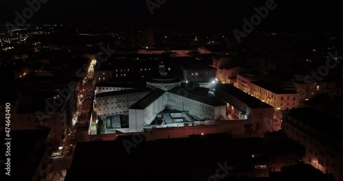 Aerial Drone Footage View of  Sassari’ prison, beautiful disused prison in Sassari Sardegna Italy ,night,day

