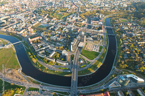 Aerial spring evening view of sunny Vilnius city panorama