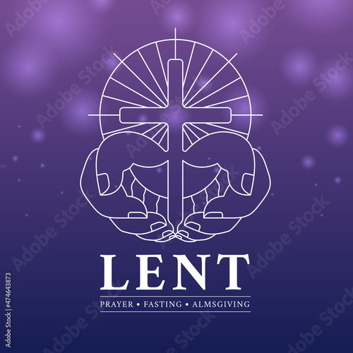 LENT, prayer, fasting and almsgiving with white line hands hold cross crucifix sign on light purple and blue background vector design