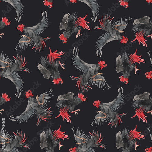 Beautiful vector seamless pattern with watercolor black roosters. Stock illustration.