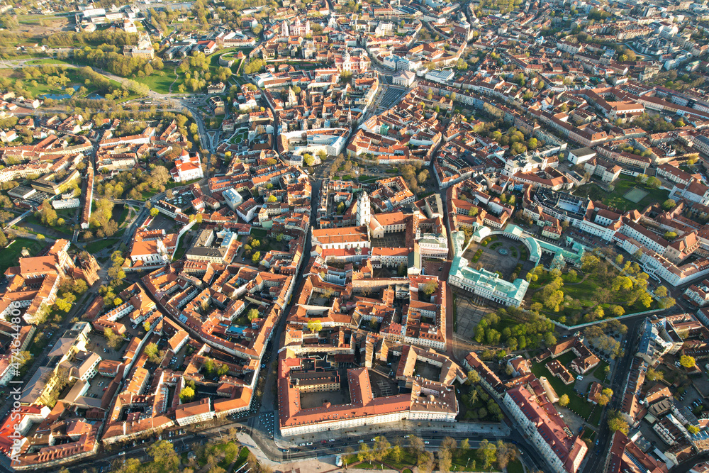 Aerial spring evening view in sunny Vilnius old town