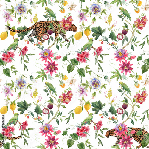 Beautiful vector seamless tropical floral pattern with hand drawn watercolor exotic jungle flowers. Stock illustration.