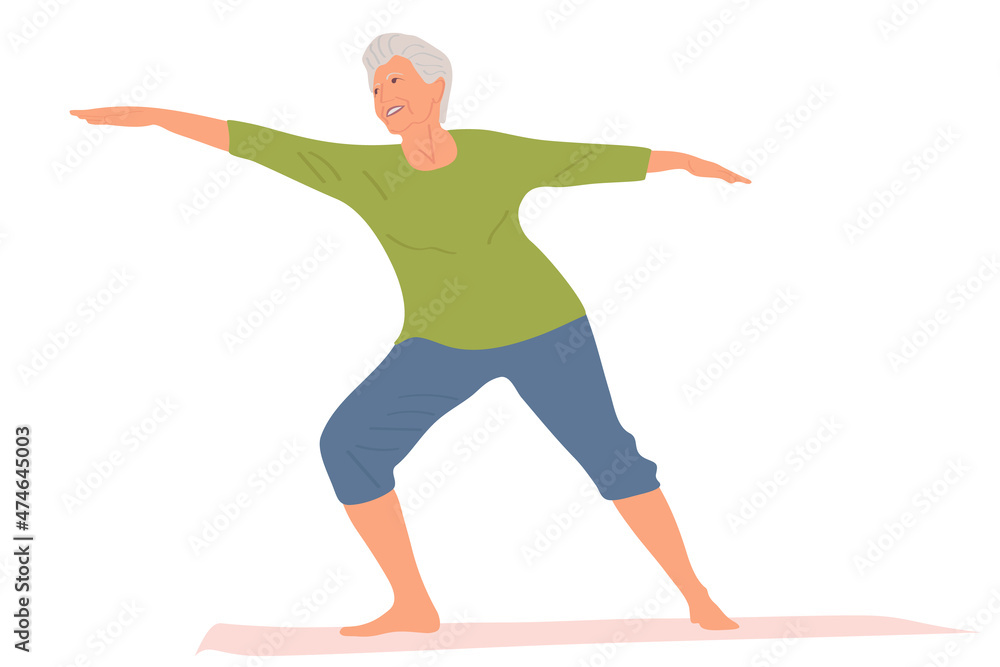 Grandma go in for sports after retirement, flat cartoon realistic vector illustration. Active lifestyle of an old man, leisure of a pensioner and yoga practice.