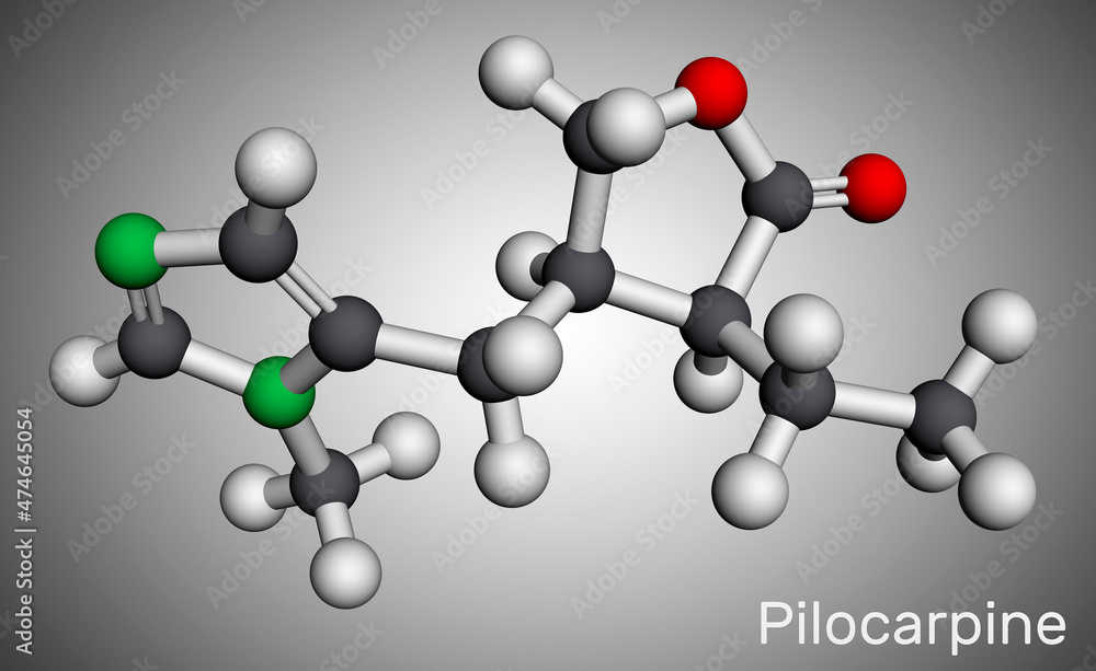 Obraz premium Pilocarpine, molecule. It is natural alkaloid, used on the eye to treat elevated intraocular pressure, glaucoma. Molecular model. 3D rendering