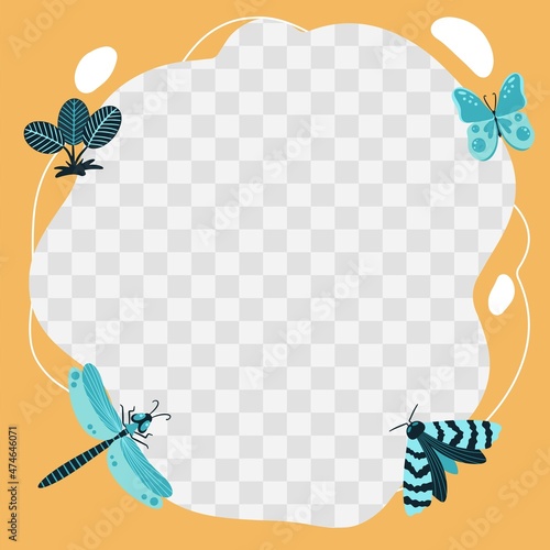 Insects, butterflies, beetles, flowers. Vector frame in the form of a spot in a flat cartoon style. Template for children's photos, postcards, invitations.