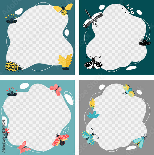 Insects, butterflies, beetles, flowers. Set of vector frames in the form of a spot in a flat cartoon style. Template for children's photos, postcards, invitations.