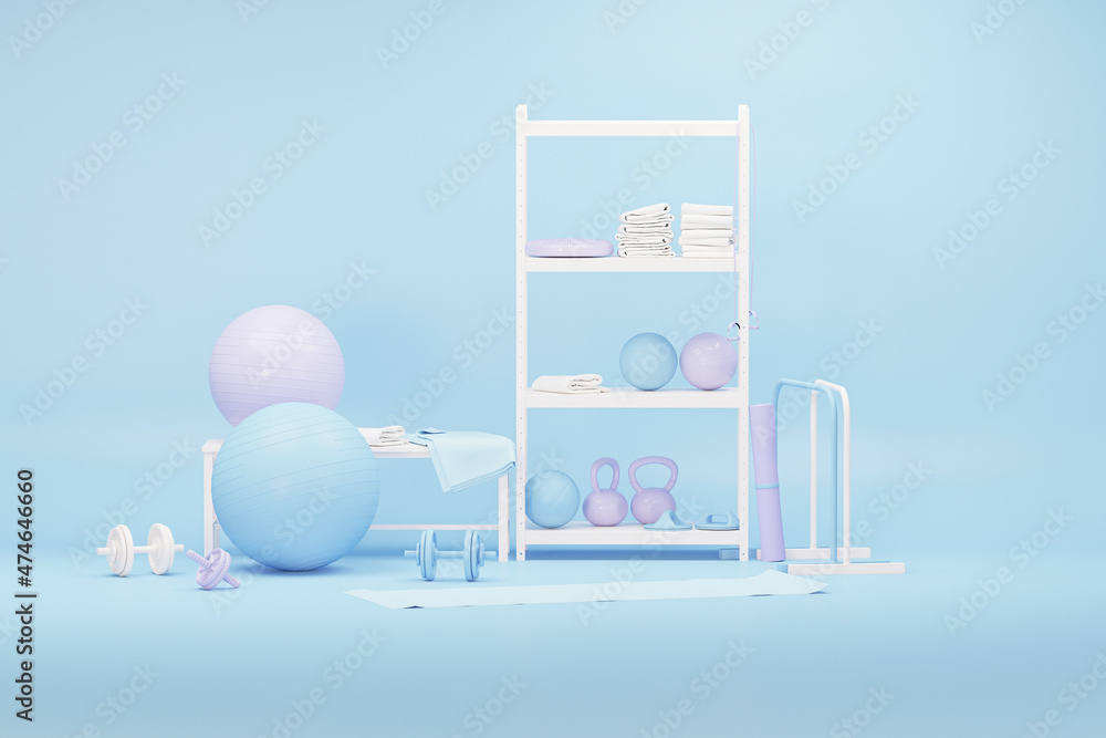 Sport equipment background for healthy lifestyle packaging presentation. Set of sport items on pastel blue and pink background. Trendy 3d render for fitness, female concept, lifting in the gym.