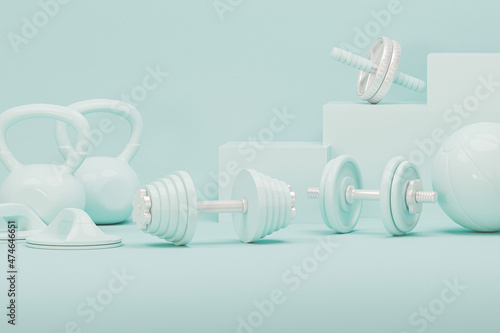 Sport equipment background for healthy lifestyle packaging presentation. Set of sport items on pastel blue and white background. Trendy 3d render for fitness, female concept, lifting in the gym.
